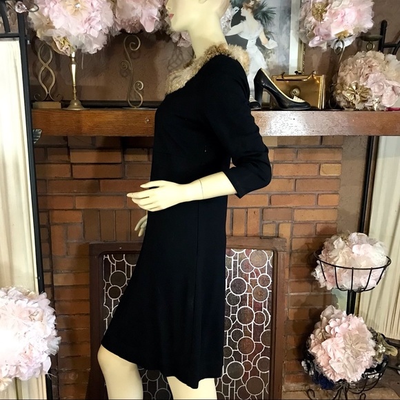 KAREN KANE BLACK KNIT DRESS WITH BROWN RABBIT FUR COLLAR (M) - Picture 4 of 15